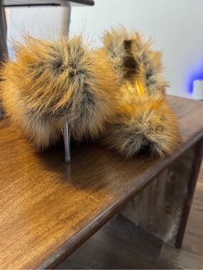 Azalea Wang Faux Fur Pom-Pom High Heel in Rusty Brown